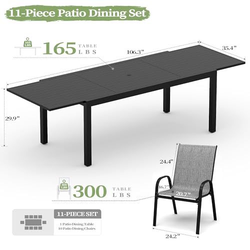 PIZZELLO 11 Pieces Outdoor Dining Set, 106" Aluminum Extendable Patio Dining Table w/ 10Pcs Stackable Textilene Chairs, All Weather Outdoor Table and Chairs Sets for Backyard, Garden and Deck