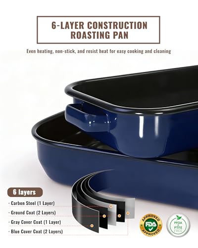 MCCSI Roasting Pan for Oven with Rack 6-Piece Enamel Deep Lasagna Baking Dish 14&17 Inch, 572°F High Temp Resistance Dishwasher Safe Non-Stick Easy-To-Clean, Large Turkey Ham Roaster Mothers Day Gift