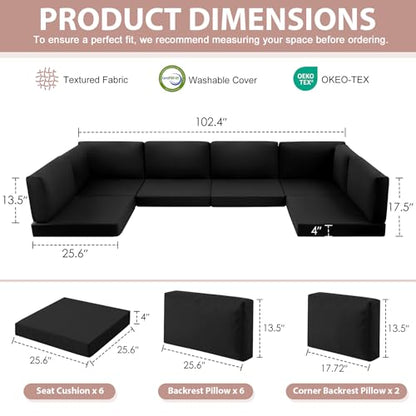 MuaMelop 14-Piece Patio Furniture Cushions Set, Replacement Outdoor Cushions for 6-Seat Patio Sectional, Waterproof & Fade Resistant Deep Seat Cushion for Outdoor Sofa, Black
