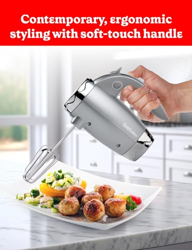 BETTY CROCKER Hand Blender 7 Speed, 250 Watt Electric Mixer with Beaters and Dough Hooks, Ergonomic Electric Hand Mixer for Home & Kitchen with Stand and Soft Touch Handle, Silver