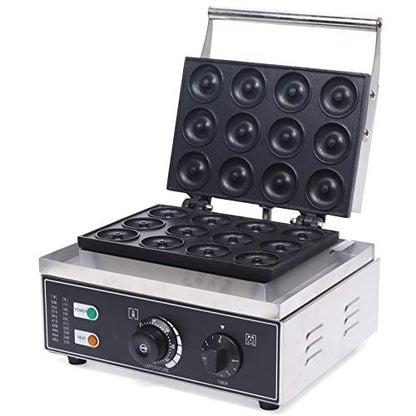 LOYALHEARTDY Electric Mini Donut Maker, 110V 1550W Nonstick Commercial & Home Use, Black, Modern Style, Stainless Steel & Aluminum, 12 Donuts at a Time
