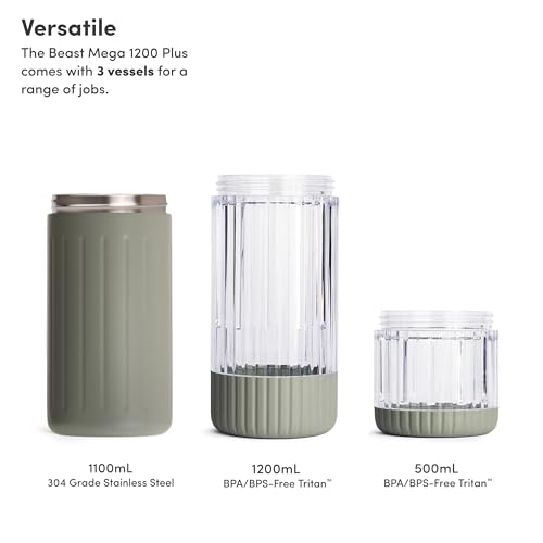 Beast Mega 1200 Stainless Steel | Premium Countertop Blender | Smoothies, Shakes, Sauces, Dips | Lg Servings | Blends Ice + Frozen Fruit | Double-Wall Insulation | Extra Vessels | 1200W (Sage)