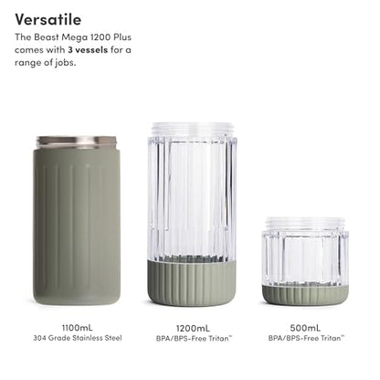 Beast Mega 1200 Stainless Steel | Premium Countertop Blender | Smoothies, Shakes, Sauces, Dips | Lg Servings | Blends Ice + Frozen Fruit | Double-Wall Insulation | Extra Vessels | 1200W (Sage)