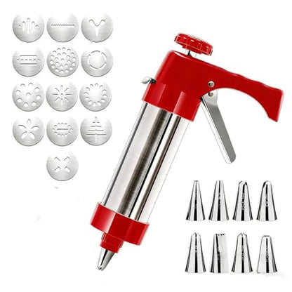 Stainless Steel Spritz Cookie Press - Press Gun Kit with 13 Discs & 8 Piping Tips, DIY Christmas Maker, Practical Baking Gadgets red