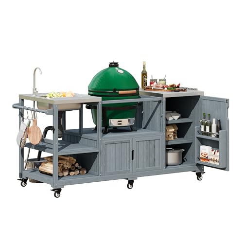 Outdoor Grill Cart with Sink and Big Green Egg, Rolling Outdoor Kitchen Island with Stainless Steel Top for Pizza Prep & BBQ (Grey Blue)