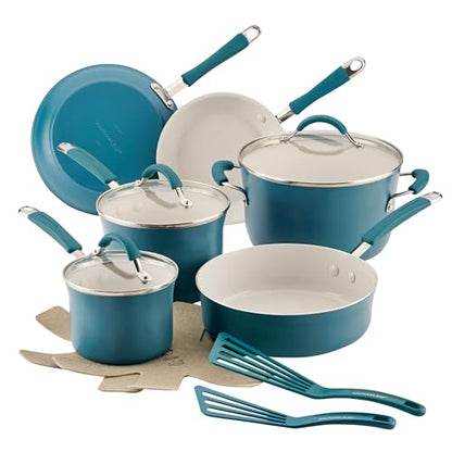 Rachael Ray Cucina Ceramic Cookware Set - 13 Pieces - Ceramic Pots and Pans Set w/Nonstick Frying Pans, Saute Pan, Saucepans, Stockpot, Lids, Pan Protectors & Cooking Utensils - Marine Blue