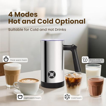 Milk Frother, 4-in-1 Milk Frother and Steamer, 10.6oz Electric Milk Steamer, Automatic Cold and Hot Foam Maker for Lattes, Cappuccinos, Ceramic Lining Interior (Polished)