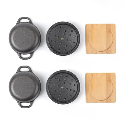 HAWOK Cast Iron Mini Dutch Oven, Dia5.51”, 23oz, with Bamboo Tray, Set of 2, Pre-seasoned