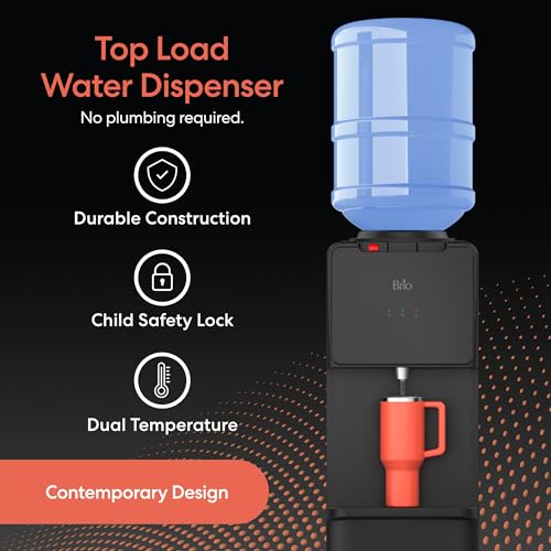 Brio 130 Series Top-Load Water Cooler Dispenser for 3- and 5-Gallon Bottles, Hot & Cold, Spill-Free Loading, Child Safety Lock, Energy Star 3.0, Black