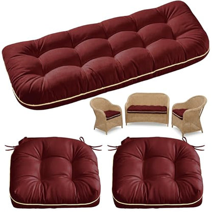 1 MIDDLE ONE Wicker Chair Cushions 3 Pieces Set for Outdoor Furniture, Replacement Patio Wicker Furniture Cushions, 1Pc Loveseat Cushion & 2Pcs Chair Cushions (Burgundy)