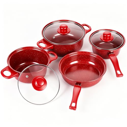 Non-Stick Cookware Set, 13 Piece Set Portable Lightweight Cast Iron Pots and Pans with Glass Lids and Nylon Utensils for Outdoor Camping Picnic Travel Cookware Red