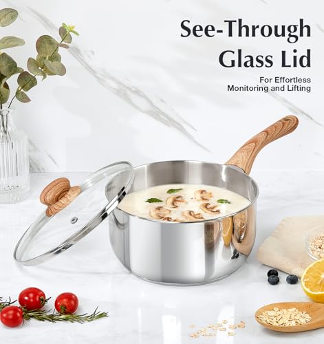 KOCH SYSTEME CS Stainless Steel Saucepan, 3 Quart Sauce Pan with Lid & Cool-Touch Bakelite Handle, 3 QT Saucepan with Lid, Induction Sauce Pan, Stainless Steel Pot 3 Quart