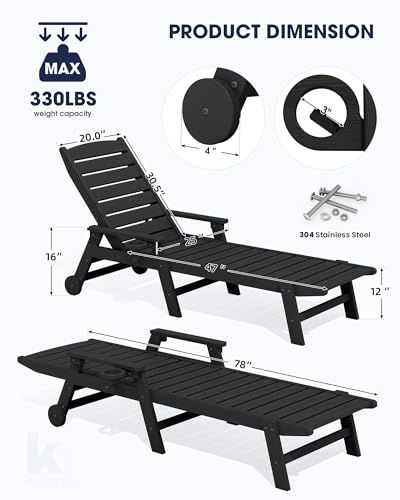 KINGYES HDPE Lounge Chair Outdoor Set of 2, All Weather Pool Lounger