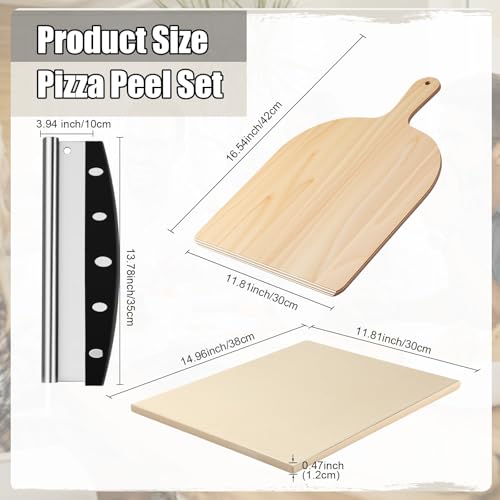 Acellegic Pizza Stones 3 Pcs Set 15 x 12 Inch Large Cordierite Stone Set for Oven and Grill with Pizza Peel, Stainless Steel Cutter Rocker for Baking, Bread, BBQ(Rectangle)