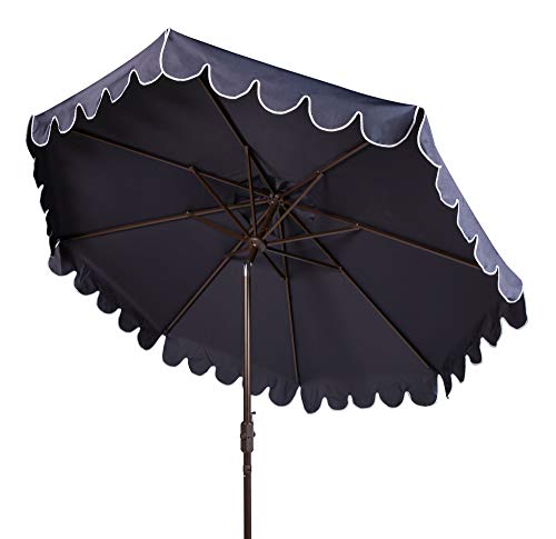 SAFAVIEH Outdoor - Venice 9-Foot Crank Patio Umbrella - Ivory & Black Canopy - Brown Aluminum Pole - Single Scallop Trim Design - Ideal for Patio, Deck, Poolside, Backyard (PAT8010E)