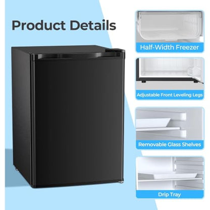 COWSAR 2.6 Cu.Ft Mini Fridge with Freezer, Freestanding Compact Refrigerator with Reversible Door & 7-Speed Thermostat, Small Fridge for Office, Apartment, Gameroom (BLACK)
