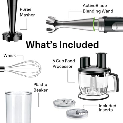 Braun 4-in-1 Immersion Hand Blender, Powerful 500W Stainless Steel Stick Blender, Variable Speed + 6-Cup Food Processor, Whisk, Beaker, Masher, Finer Blending, MultiQuick MQ7077
