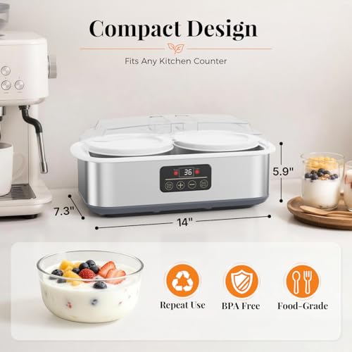 Suteck Yogurt Maker with Glass Jars 2 Quart – Stainless Steel Yogurt Makers with Adjustable Time (0-48H) & Temp Control (68-131°F) for Greek Yogurt, Probiotic, Cheese – BPA-Free, 25W