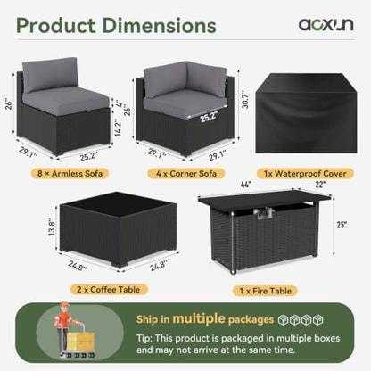Aoxun 15 Piece Patio Furniture Set with 44” Fire Pit Table Rattan Patio Sectional Sofa Set Outdoor Seating Furniture with Thickened Cushion, Grey