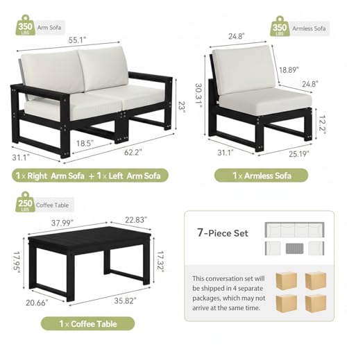 Polyhouz Patio Furniture Set, 7-Piece Outdoor Furniture with Cushions, L Shaped Outdoor Couch Sets 6 Seats, HDPE Patio Sectional Sofas for Porch, Backyard, Deck, Black