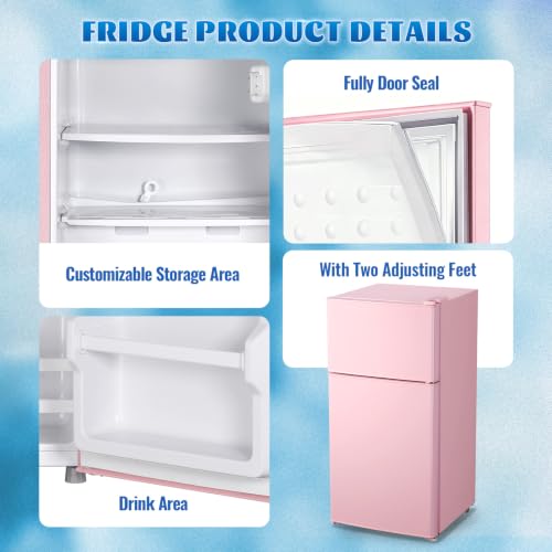 DEMULLER 45L Personal Double‑Door Mini Fridge With Freezer, Pink