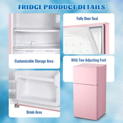 DEMULLER 45L Personal Double‑Door Mini Fridge With Freezer, Pink