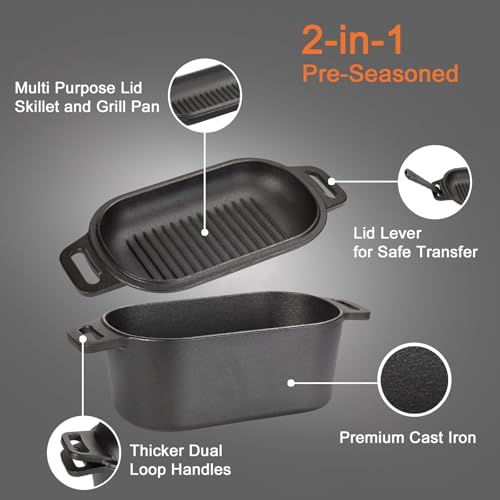 OLLAKOK 2-in-1 Pre-Seasoned Cast Iron Dutch Oven Pot with Lid as Skillet, Grill Pan, with Lid Lever, Dual Loop Handles, Oval Heavy Dutch Oven for Bread Baking, Frying, Camping, BBQ, 3.8 QT Black