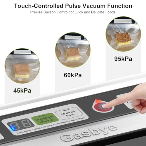 Gasbye 95kPa Precision Vacuum Sealer Machine, Double Heat Seal for Dry/Moist Food, Easy-Lock Handle, Built-in Bag Storage & Cutter, Progress Display, Pulse Mode, Removable Drip Tray, Silver