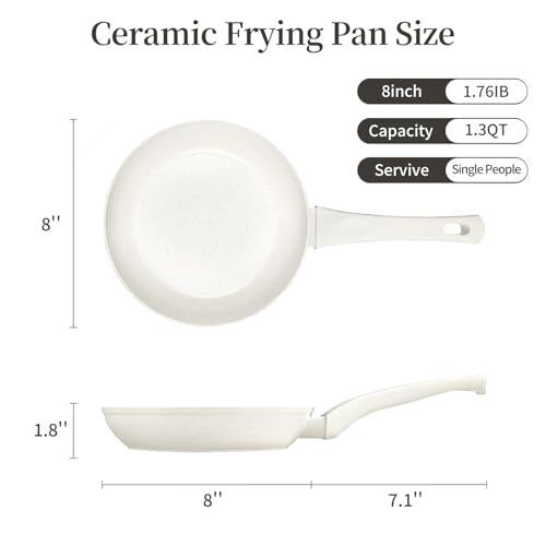 Innerwell 8 Inch Non Stick Frying Pan - White Ceramic Non Stick Skillet Frying Pans, Safe&No Toxic Egg Omelette Frying Pan, Small Nonstick Cookware Cooking Pan, Induction Compatible, PFOA&PFAS Free