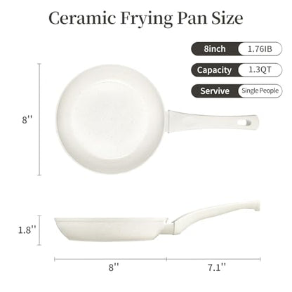 Innerwell 8 Inch Non Stick Frying Pan - White Ceramic Non Stick Skillet Frying Pans, Safe&No Toxic Egg Omelette Frying Pan, Small Nonstick Cookware Cooking Pan, Induction Compatible, PFOA&PFAS Free