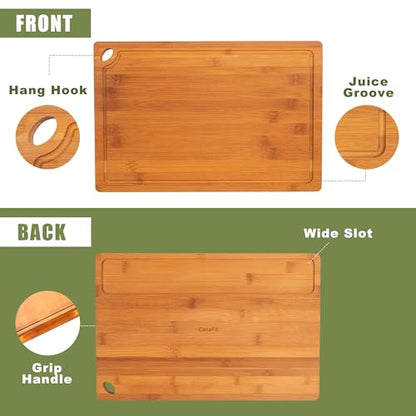 3-Piece Organic Bamboo Cutting Board Set for Kitchen - Carbonized Extra Sturdy Chopping Boards with Juice Grooves - Knife-Friendly Multi-Size (15", 12", 9") for Meat & Veggies - Housewarming Gift Box