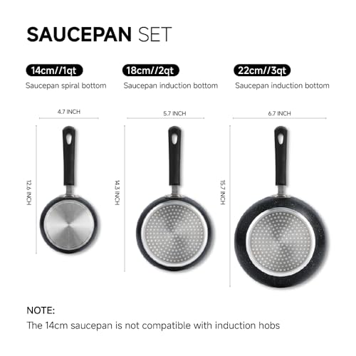 RATWIA Nonstick Saucepan Set - 3-Pieces Pot Set 1 Quart & 2 Quart & 3 Quart,Ultra Non Stick Sauce Pan Small Pot with Glass Lid,Great for Home Kitchen Restaurant,Black
