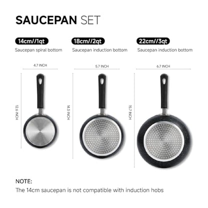RATWIA Nonstick Saucepan Set - 3-Pieces Pot Set 1 Quart & 2 Quart & 3 Quart,Ultra Non Stick Sauce Pan Small Pot with Glass Lid,Great for Home Kitchen Restaurant,Black
