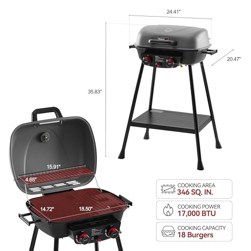 Royal Gourmet GT2003 Portable 2 Burner Propane Gas Grill with Stand and Warming Rack, 2-in-1 Grill Griddle Combo with 17,000 BTUs Output forCamping, Tailgating, Backyard, Gray