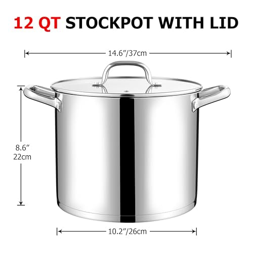 LIANYU 12 QT Stock Pot with Lid, 12 Quart Stainless Steel Large Tall Soup Pot for Cooking, Big Deep Stockpot with Visible Lid, Tri-ply Heavy Duty Stockpot for Induction, Stoves, Gas