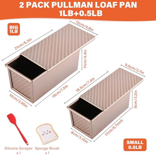 CFGUK 2 Pack Pullman Loaf Pan with Lid, 1 lb/0.5 lb Dough Capacity for Homemade Bread, Non-stick Corrugated Carbon Steel Bread Toast Box with Cover for Bakeware, Sandwich & Toast Oven Baking, Gold
