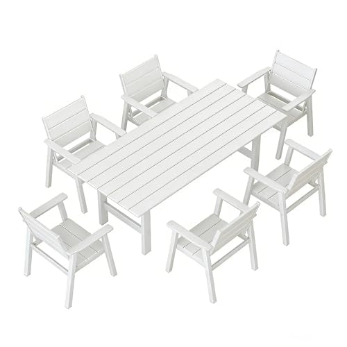Polyhouz Outdoor Dining Set for 6, 7-Piece Patio Table and Chairs Set, HDPE Outdoor Dining Table and Chairs with Umbrella Hole, All-Weather Dining Furniture Set,White