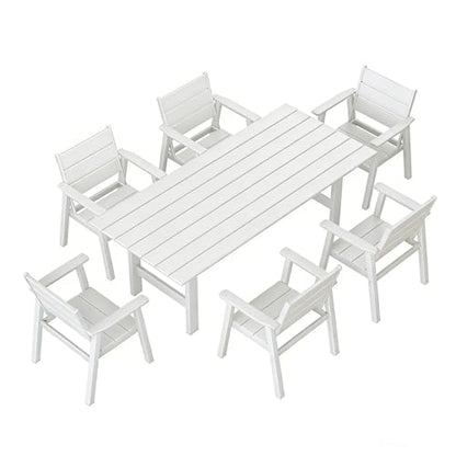 Polyhouz Outdoor Dining Set for 6, 7-Piece Patio Table and Chairs Set, HDPE Outdoor Dining Table and Chairs with Umbrella Hole, All-Weather Dining Furniture Set,White