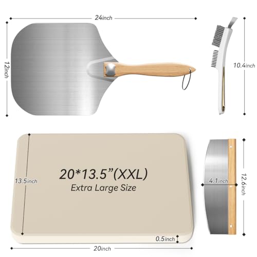 Gyreuni 4 PCS Rectangle Pizza Stone Set, 20" Large Pizza Stone for Oven and Grill with Pizza Peel, Pizza Cutter & Brush, Baking Stone for Pizza, Bread,BBQ