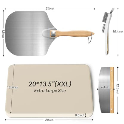 Gyreuni 4 PCS Rectangle Pizza Stone Set, 20" Large Pizza Stone for Oven and Grill with Pizza Peel, Pizza Cutter & Brush, Baking Stone for Pizza, Bread,BBQ