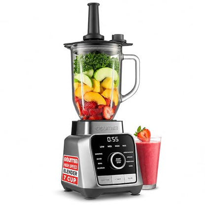 Gourmia Countertop Blender – 8 Blend Programs, 4 Speeds, Pulse and Manual Mode, 56oz Pitcher, Digital Display with Integrated Timer, Round-Plated Tamper, Dishwasher-Safe Parts