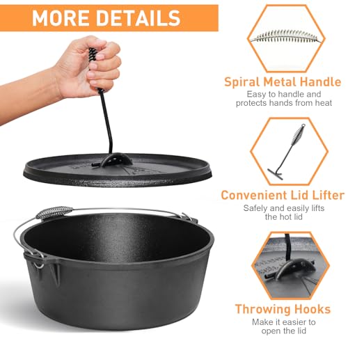 Camping Dutch Oven,12 Qt Pre-Seasoned Cast Iron Camp Dutch Oven Pot with Lid - Lid Lifter, Cast Iron Dutch Oven with Metal Handle for Cooking BBQ Baking Campfire Modern Black