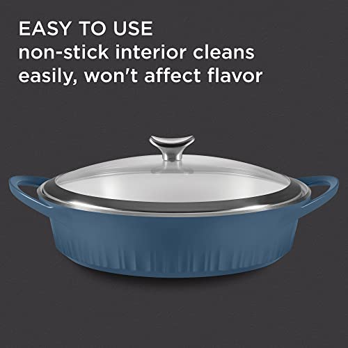 CorningWare QuickHeat 4-QT Cast Aluminum Braiser With Lid, Nonstick Ceramic Interior, Lightweight and Fast Even Heat Baking & Cooking, For Meats, Soup, Browning, Searing, French Navy