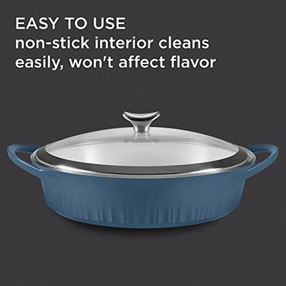 CorningWare QuickHeat 4-QT Cast Aluminum Braiser With Lid, Nonstick Ceramic Interior, Lightweight and Fast Even Heat Baking & Cooking, For Meats, Soup, Browning, Searing, French Navy