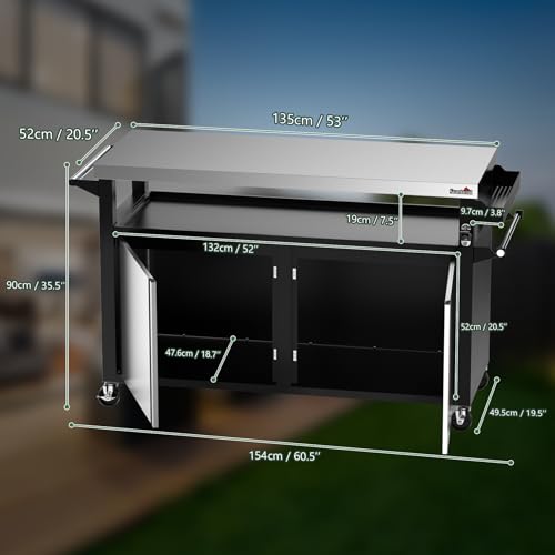 Stanbroil Rolling Outdoor Kitchen Island, BBQ Grill Cart with Stainless Steel Table Top, Double-Door Storage Cabinet & Pull-Out Shelf, Grill Table Cart for Outdoor Indoor, Large