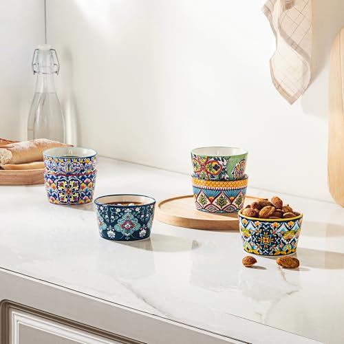 4 oz Ramekins Oven Safe for Creme Brulee – Porcelain Pudding & Custard Cups – Small Serving Bowls for Single-Serve Desserts, Dips & Sauces, Baking Ramekin Set of 6 – Bohemian Style