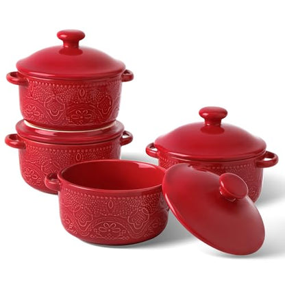 Mini Cocotte Set, 10 OZ Small Casserole Dishes with Lids, Ceramic Kitchen Casserole Sets With Handles, French Onion Soup Bowls, Soup Crocks for French Onion, Desserts, Beef Stew, Cereal, Pot Pies, Set of 4 (Red)