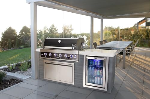 Mont Alpi Artwood Series - 78"W x 47"H x 27"D All Weather HDPE Outdoor Kitchen Island + Refrigerator & Double Access Doors + 44"W Black Stainless Steel 6-Burner Built-in BBQ Gas Grill + Rotisserie Kit