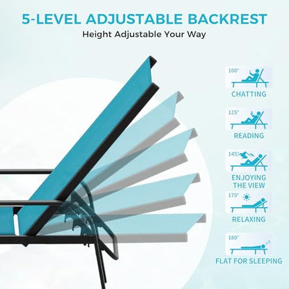 Garvee Outdoor Lounge Chair, Adjustable Patio Reclining Chaise with Textilene Fabric, Pool Lounge Chair with 5-Position Backrest for Patio, Garden, Poolside & Balcony,Sky Blue Set of 2