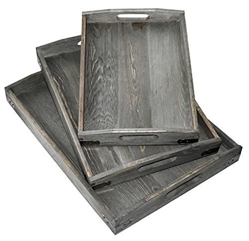 Owlgift Vintage Grey Wood Serving Trays with Brass Metal Wrap Accents, Set of 3